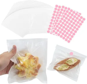 RYKOMO 200PCS Heat-Sealable Bakery Bags with Window for Cookies Packaging, 7.5 x 7.1 Inches Kraft Paper Donut Bags To Go with 210 PCS Stickers Grease-Resistant Visible Sandwich Bags Treat bags (White)