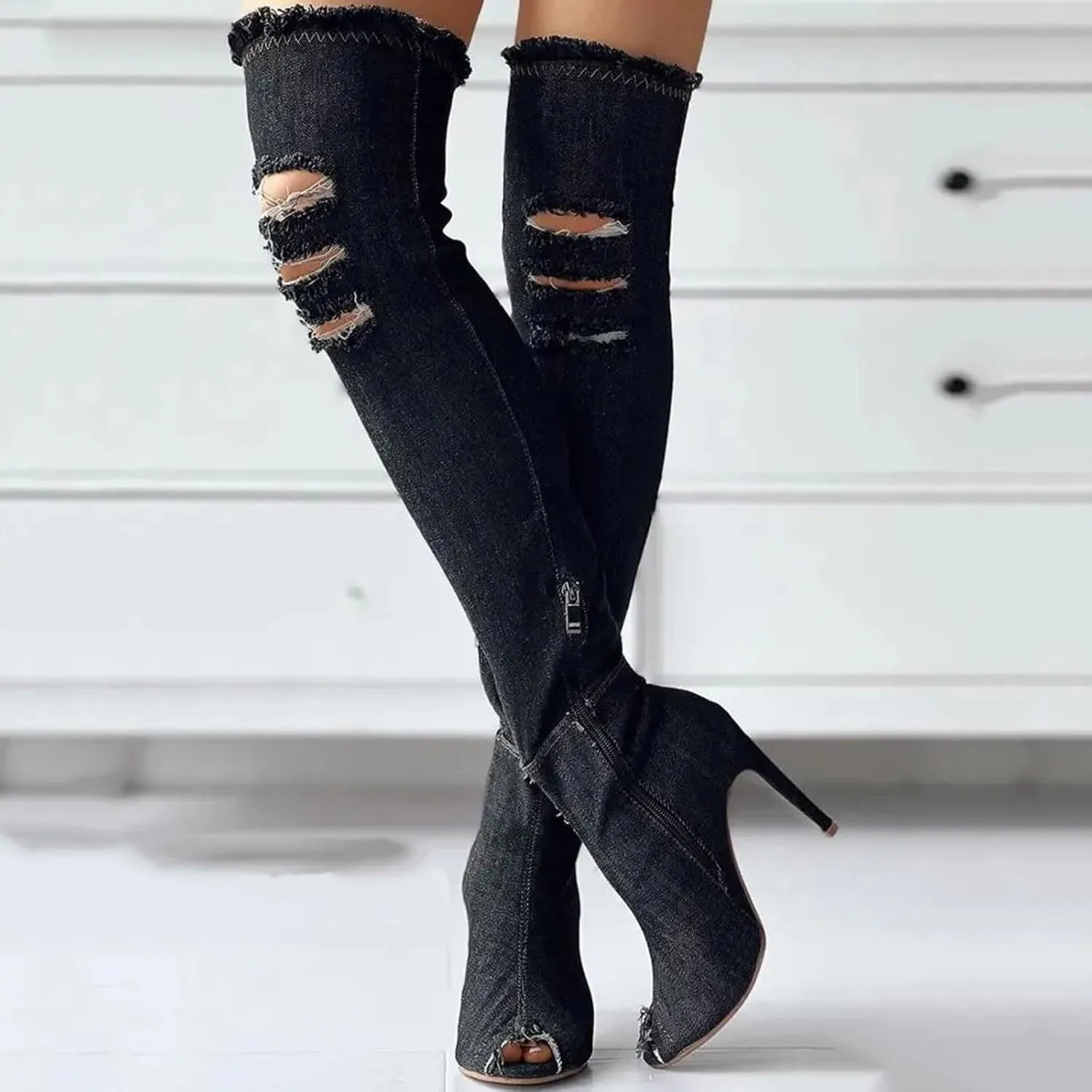 SACFOF Women's Denim Thigh High Boots Peep Toe Cutout Over The Knee Jean Stiletto Heeled Long Boots