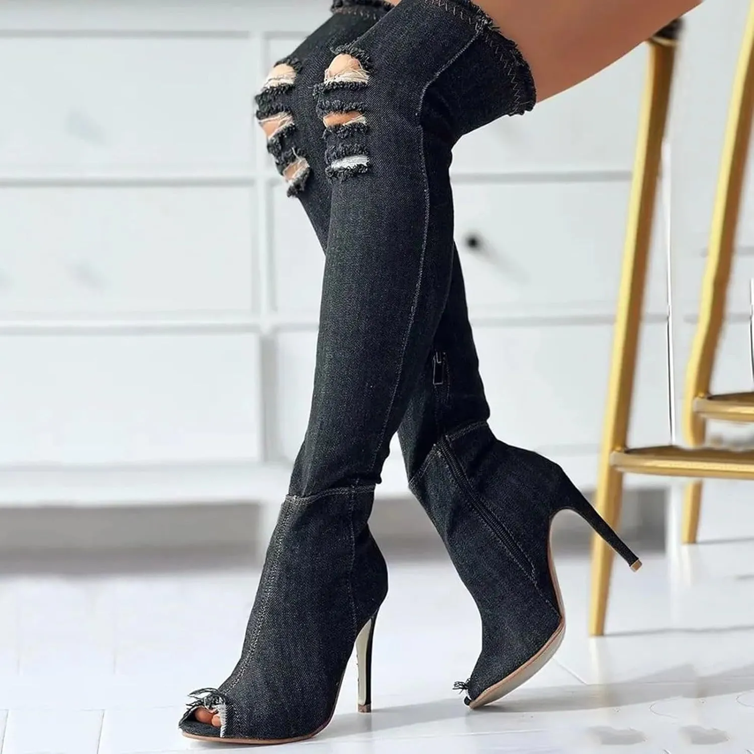 SACFOF Women's Denim Thigh High Boots Peep Toe Cutout Over The Knee Jean Stiletto Heeled Long Boots
