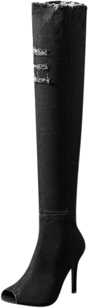 SACFOF Women's Denim Thigh High Boots Peep Toe Cutout Over The Knee Jean Stiletto Heeled Long Boots