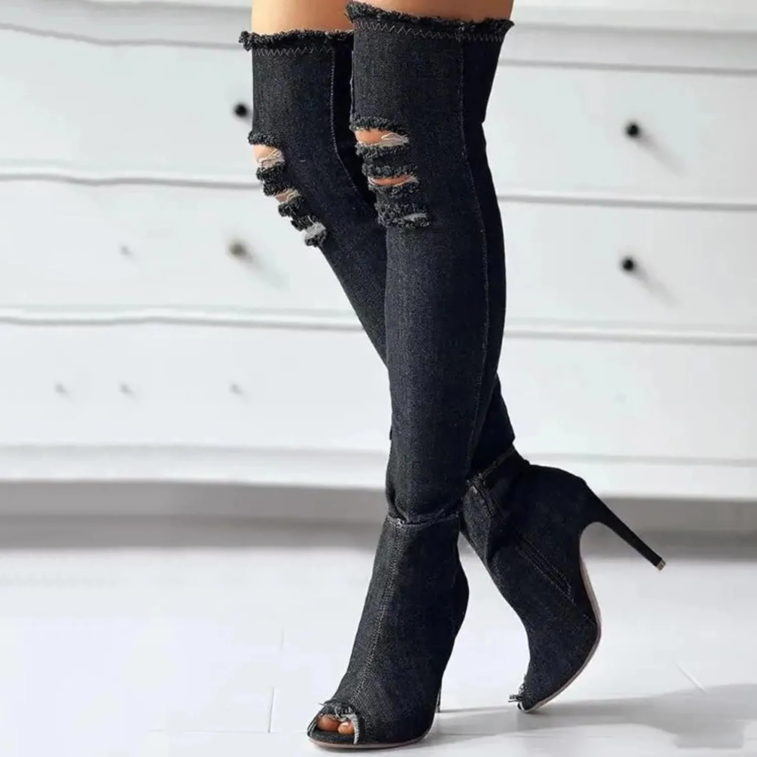 SACFOF Women's Denim Thigh High Boots Peep Toe Cutout Over The Knee Jean Stiletto Heeled Long Boots