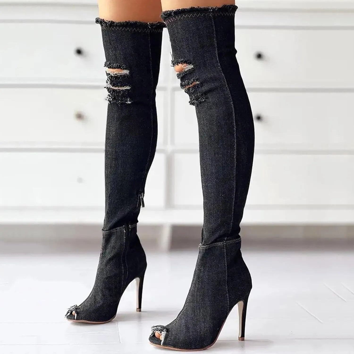 SACFOF Women's Denim Thigh High Boots Peep Toe Cutout Over The Knee Jean Stiletto Heeled Long Boots