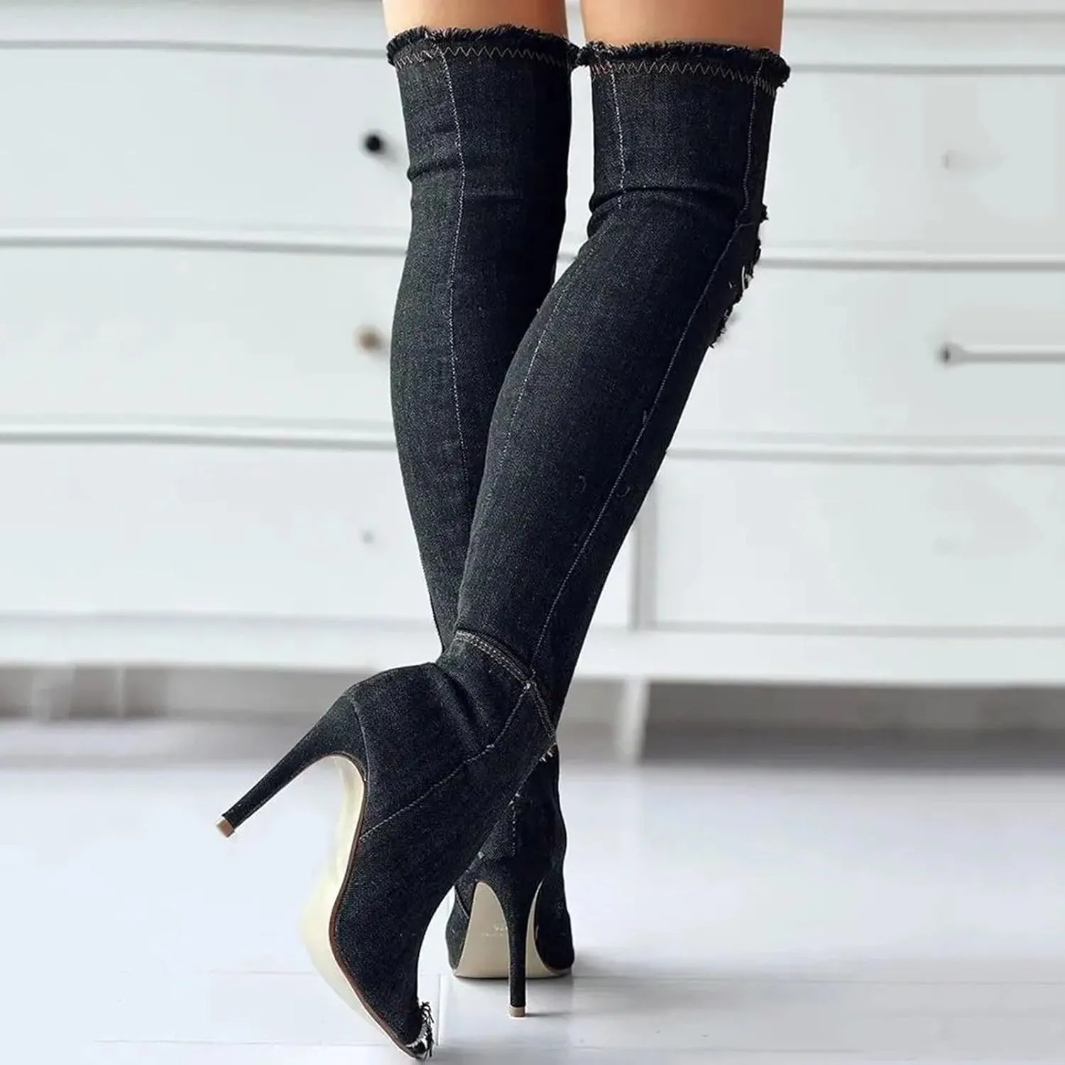 SACFOF Women's Denim Thigh High Boots Peep Toe Cutout Over The Knee Jean Stiletto Heeled Long Boots