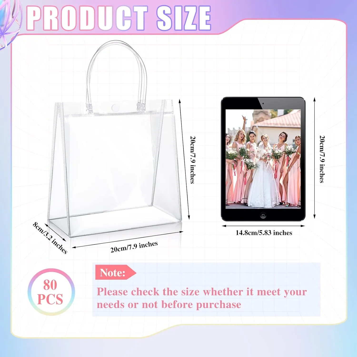 Saintrygo 80 Pcs Clear Plastic Gift Bags with Handles Small Transparent PVC Reusable Tote Gift Bags for Shopping Wedding Favor(7.9 x 7.9 x 3.2 Inch)