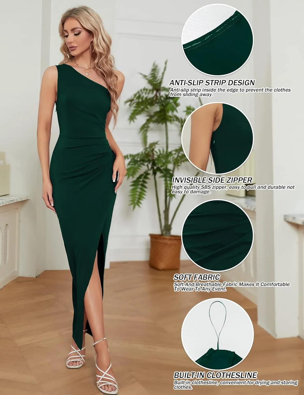 Sarin Mathews Womens One Shoulder Long Formal Dress Sexy Summer Sleeveless Bodycon Ruched Wrap Split Cocktail Dresses