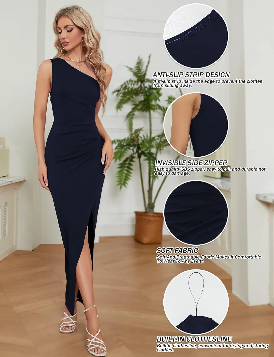 Sarin Mathews Womens One Shoulder Long Formal Dress Sexy Summer Sleeveless Bodycon Ruched Wrap Split Cocktail Dresses
