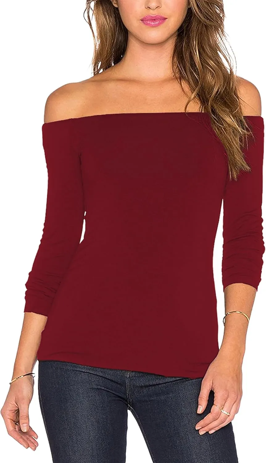 Sarin Mathews Women's Sexy Off The Shoulder Tops Long Sleeve Slim Fit Stretchy Shirts Blouses Top