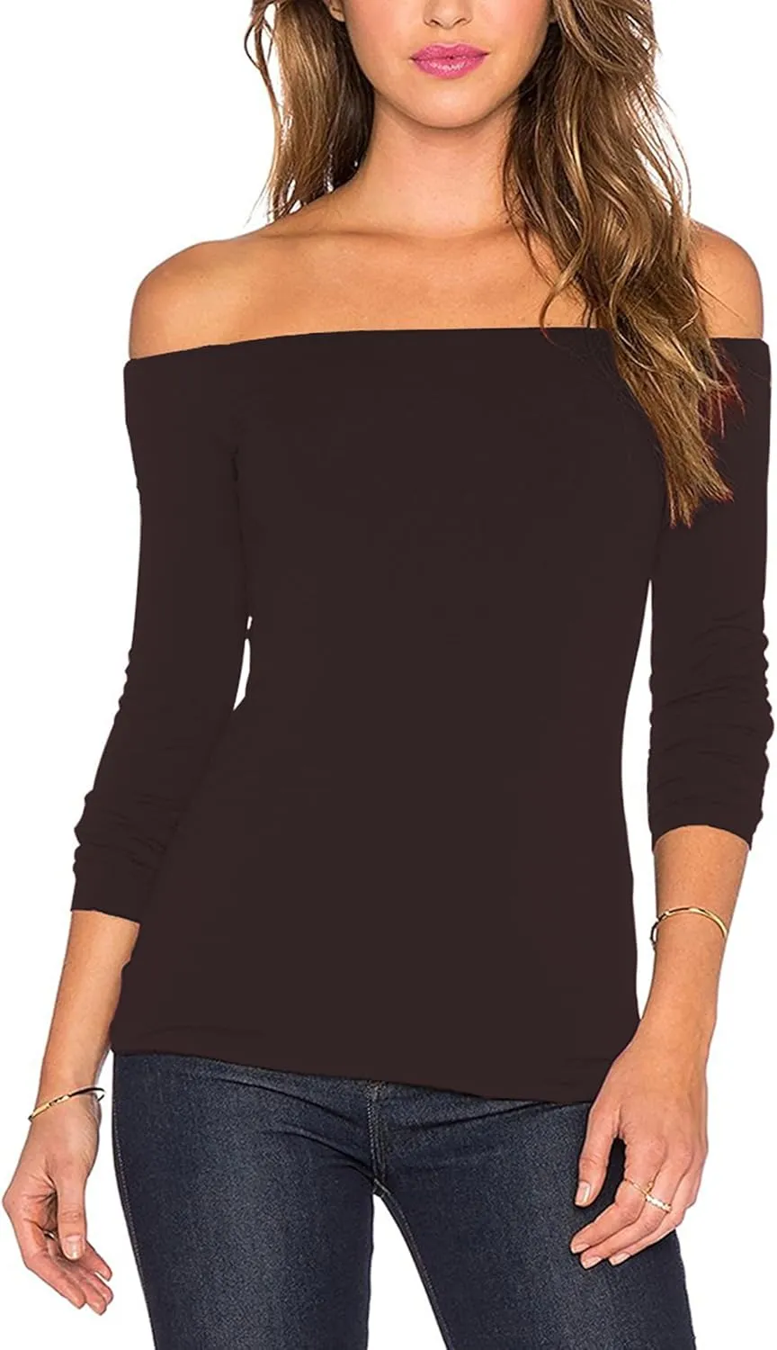 Sarin Mathews Women's Sexy Off The Shoulder Tops Long Sleeve Slim Fit Stretchy Shirts Blouses Top