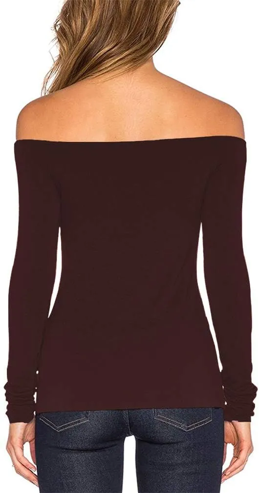 Sarin Mathews Women's Sexy Off The Shoulder Tops Long Sleeve Slim Fit Stretchy Shirts Blouses Top