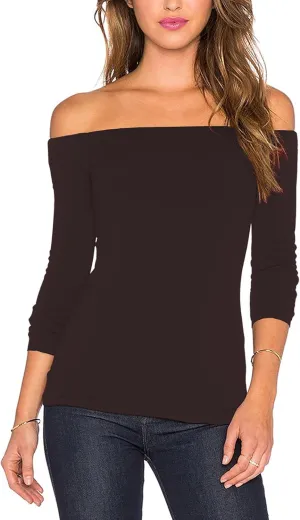 Sarin Mathews Women's Sexy Off The Shoulder Tops Long Sleeve Slim Fit Stretchy Shirts Blouses Top