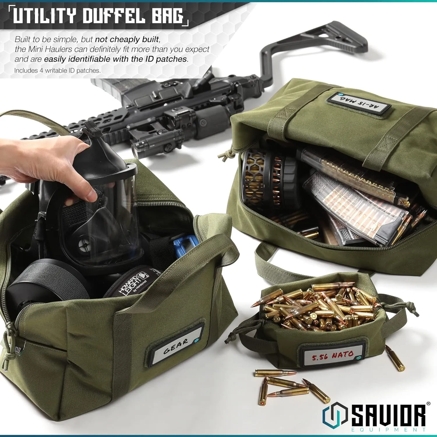 Savior Equipment Mini Hauler Tactical Ammo Duffle Bag Firearm Ammunition Loose Sac Carrier EDC Pouch, ID Patches Included, Rifle Carbine Pistol Revolver Ammos Soft Case Hunting Shooting Range Gear