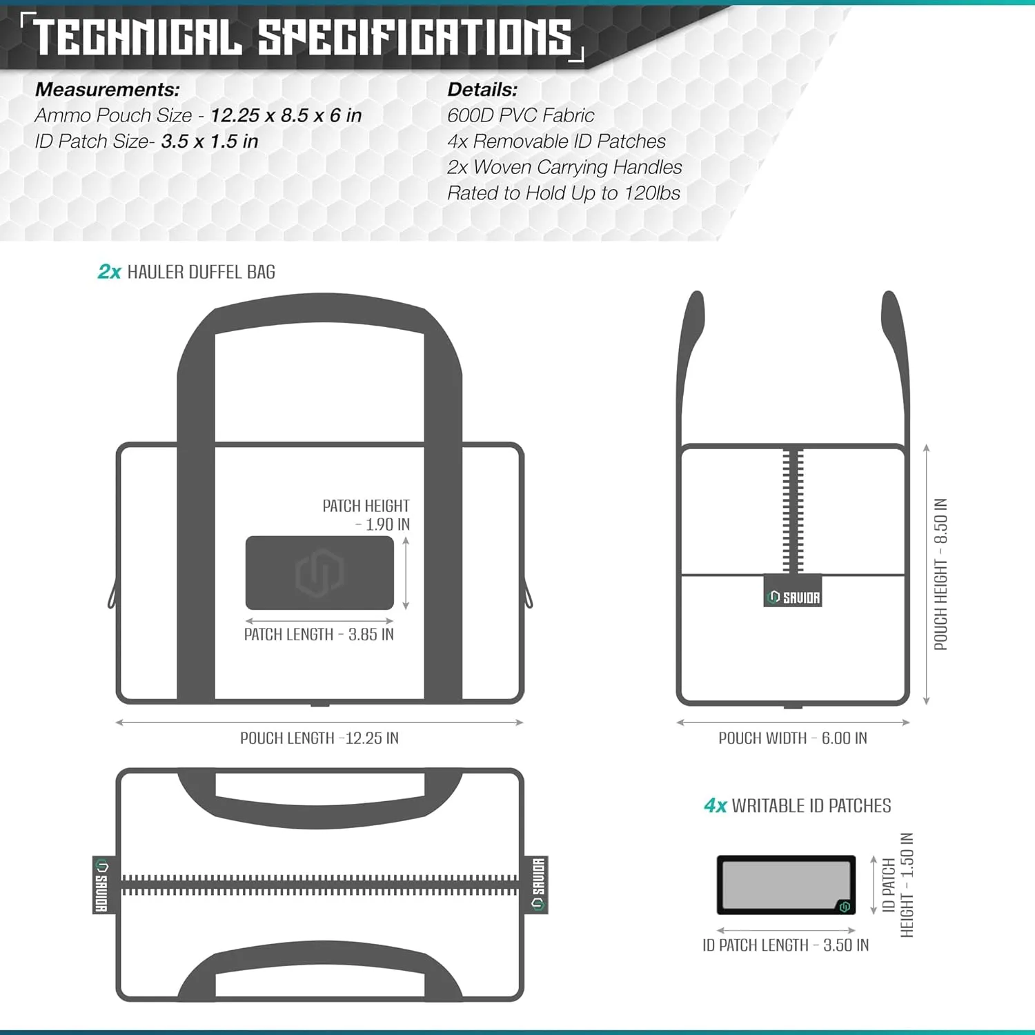 Savior Equipment Mini Hauler Tactical Ammo Duffle Bag Firearm Ammunition Loose Sac Carrier EDC Pouch, ID Patches Included, Rifle Carbine Pistol Revolver Ammos Soft Case Hunting Shooting Range Gear