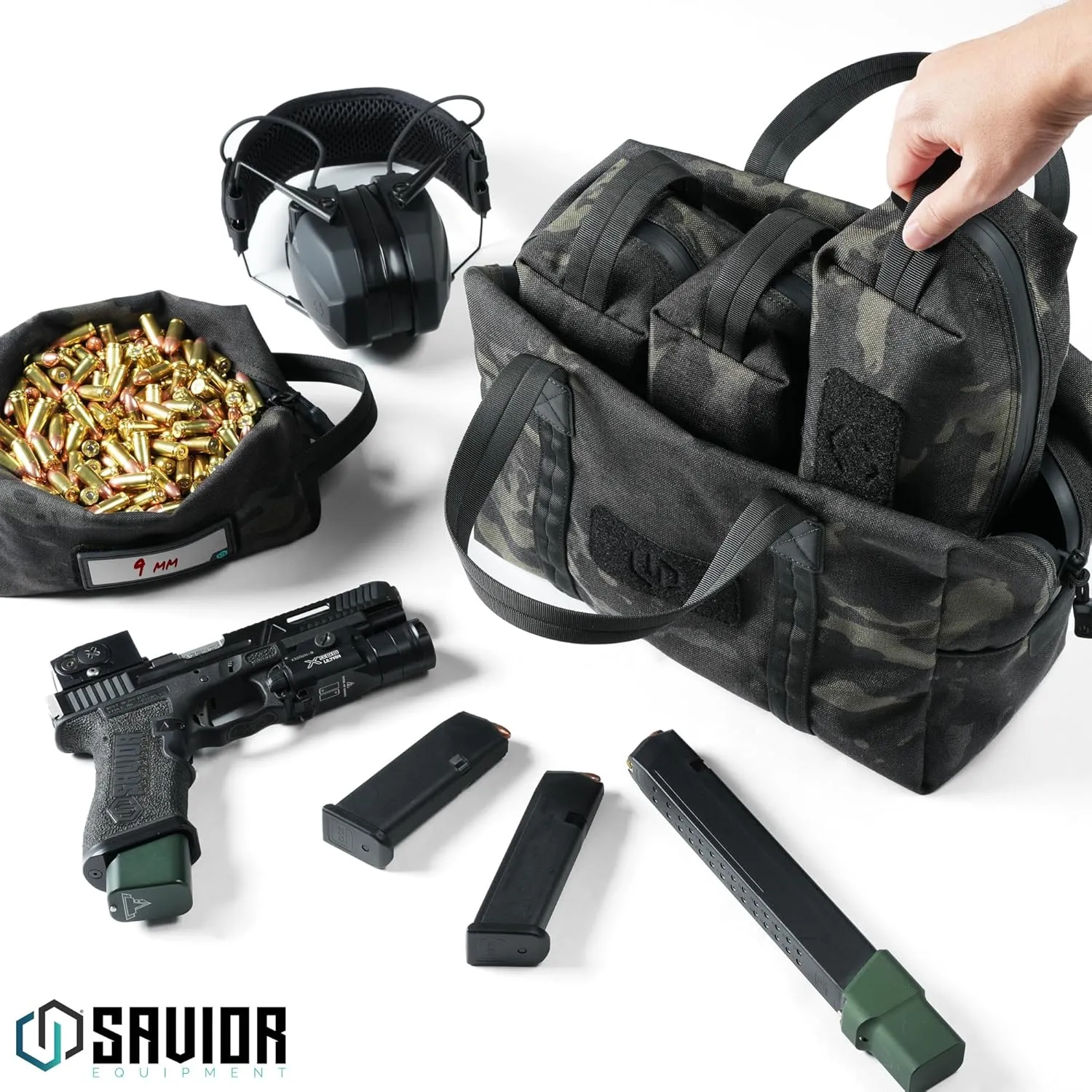 Savior Equipment Mini Hauler Tactical Ammo Duffle Bag Firearm Ammunition Loose Sac Carrier EDC Pouch, ID Patches Included, Rifle Carbine Pistol Revolver Ammos Soft Case Hunting Shooting Range Gear