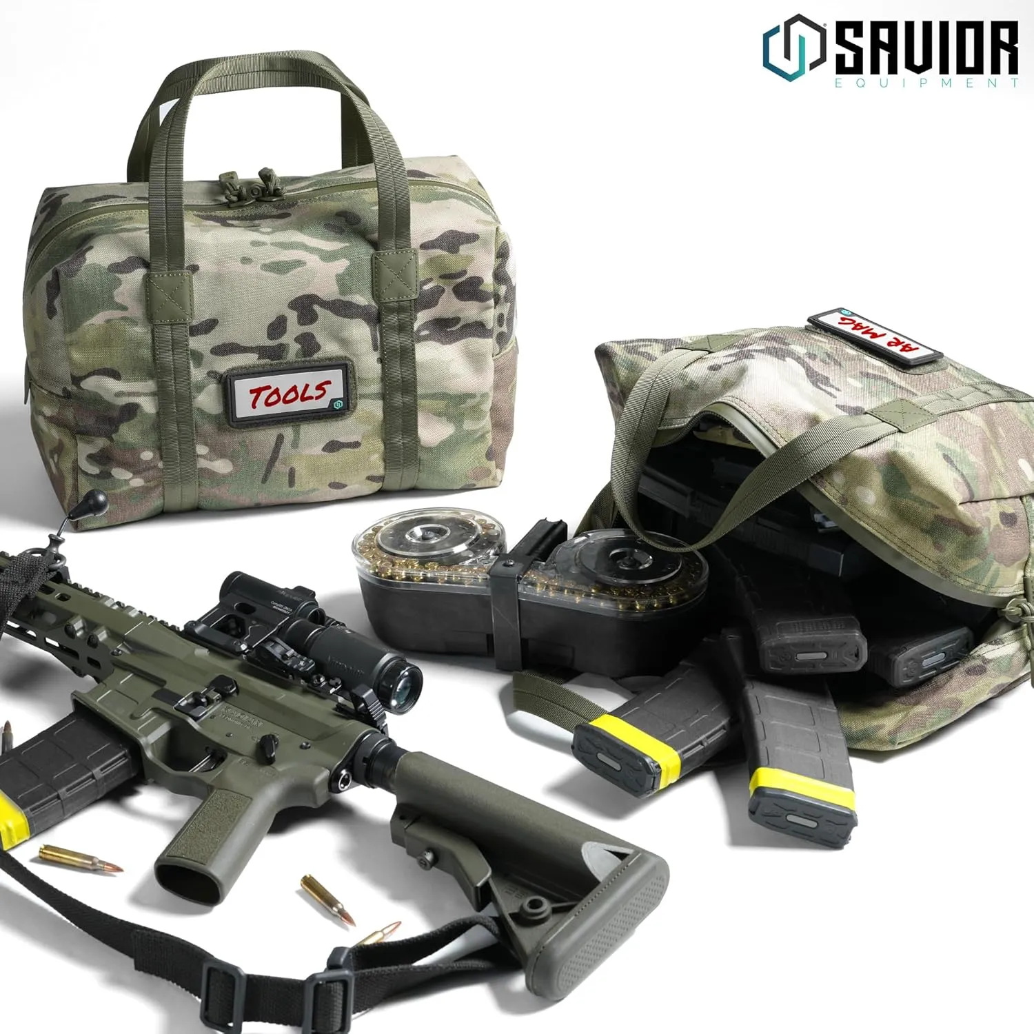 Savior Equipment Mini Hauler Tactical Ammo Duffle Bag Firearm Ammunition Loose Sac Carrier EDC Pouch, ID Patches Included, Rifle Carbine Pistol Revolver Ammos Soft Case Hunting Shooting Range Gear