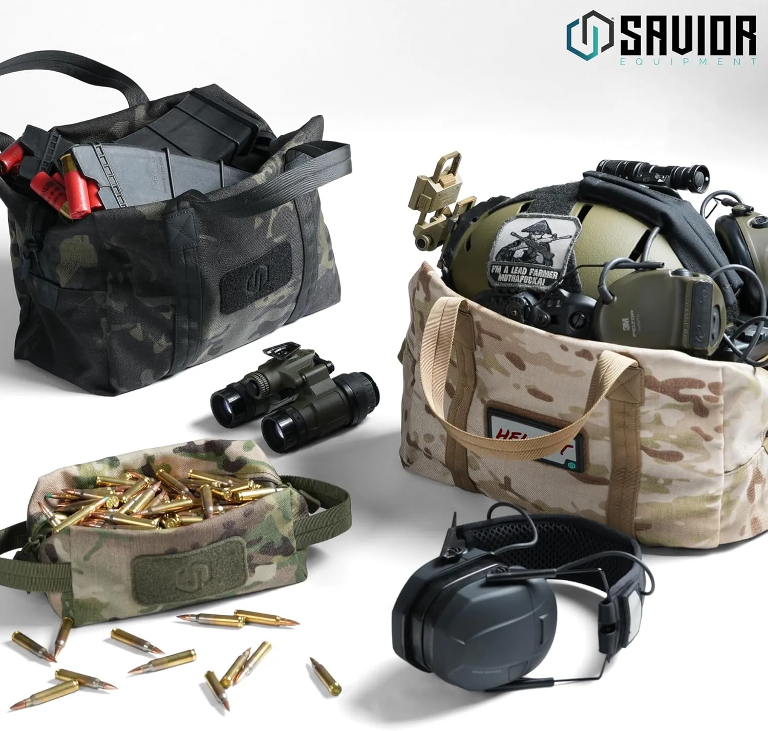 Savior Equipment Mini Hauler Tactical Ammo Duffle Bag Firearm Ammunition Loose Sac Carrier EDC Pouch, ID Patches Included, Rifle Carbine Pistol Revolver Ammos Soft Case Hunting Shooting Range Gear