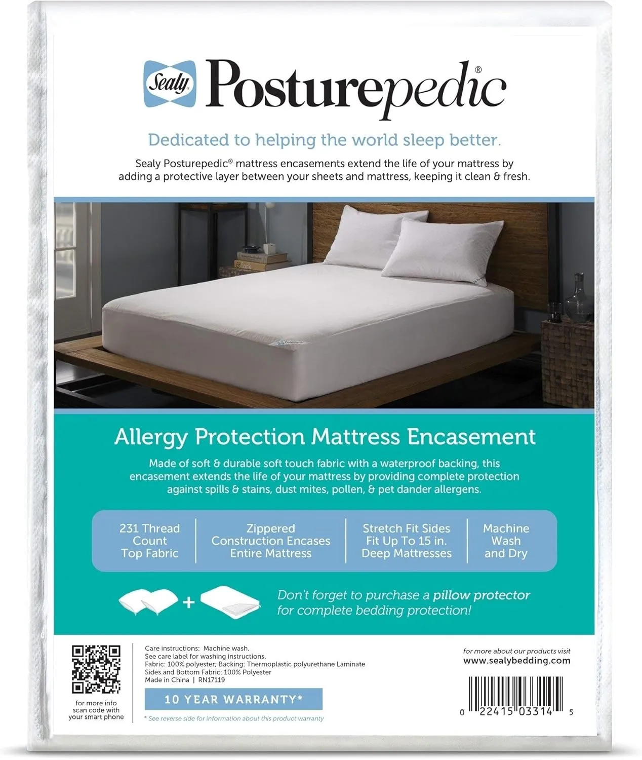 Sealy Posturepedic Allergy Protection Zippered Mattress Protector,White