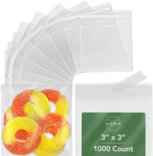 Self Sealing Square Cellophane Bags - 3" x 3" (1000 Count) - Clear Plastic Resealable Cello Bag - Cellophane Treat Bags, Cookie Bags for Packaging, Candy bags, Cello Bags, Pastry Bags
