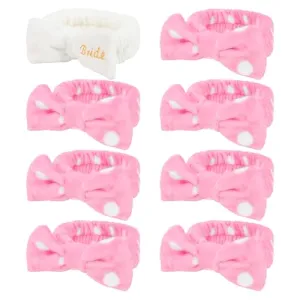 Semato Bachelorette Party Favor Set Bride Spa Headband Bride Headband and Bridesmaid Headband Skincare Headbands for Women Cute Bow Head Bands Party Supplies (1 bride  7pink dot)