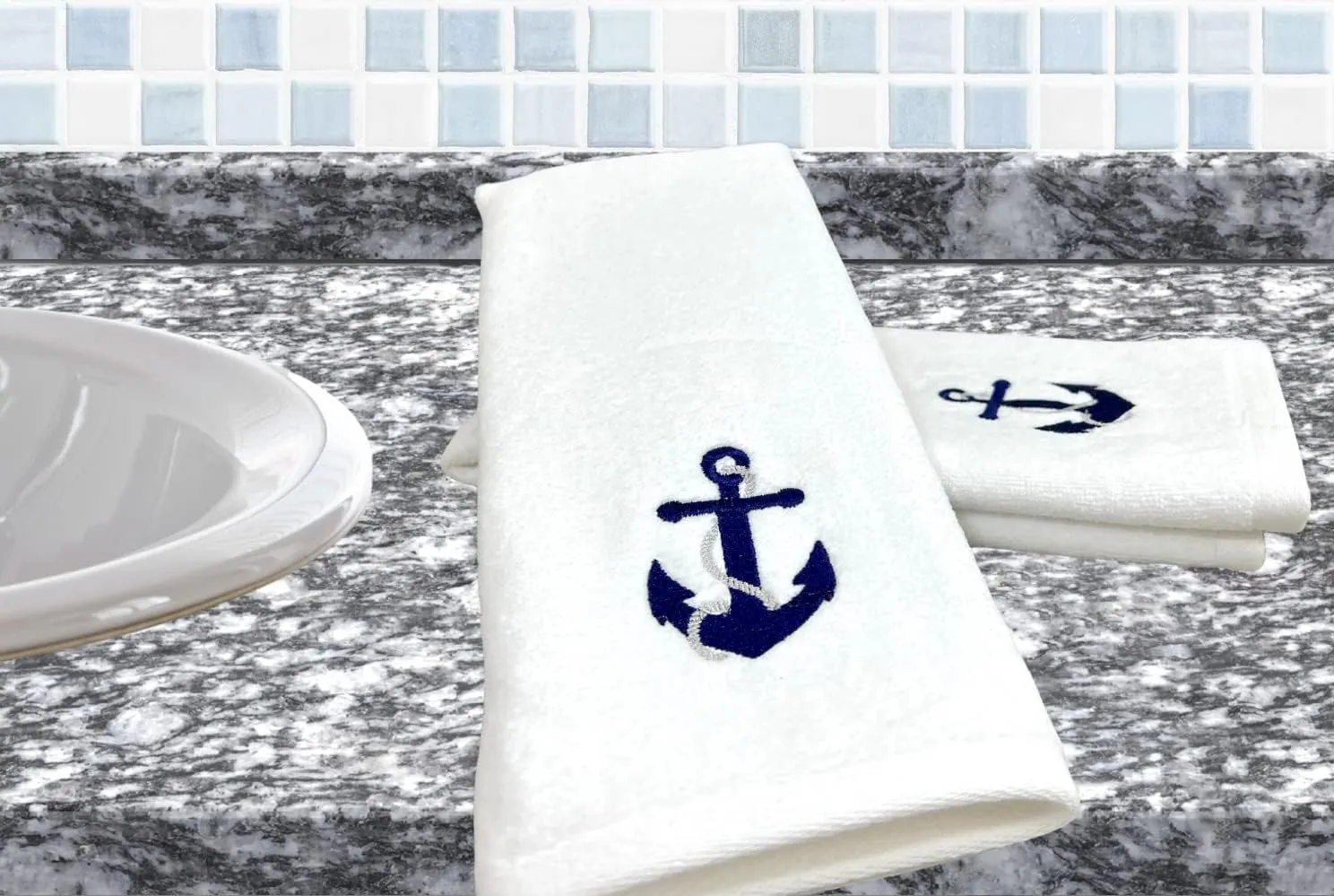 Serafina Home Summer Soft Absorbent Anchor Guest Hand Towels: Nautical Blue Anchor with Gray Rope Coastal Design, 2 Piece (Single Anchor)
