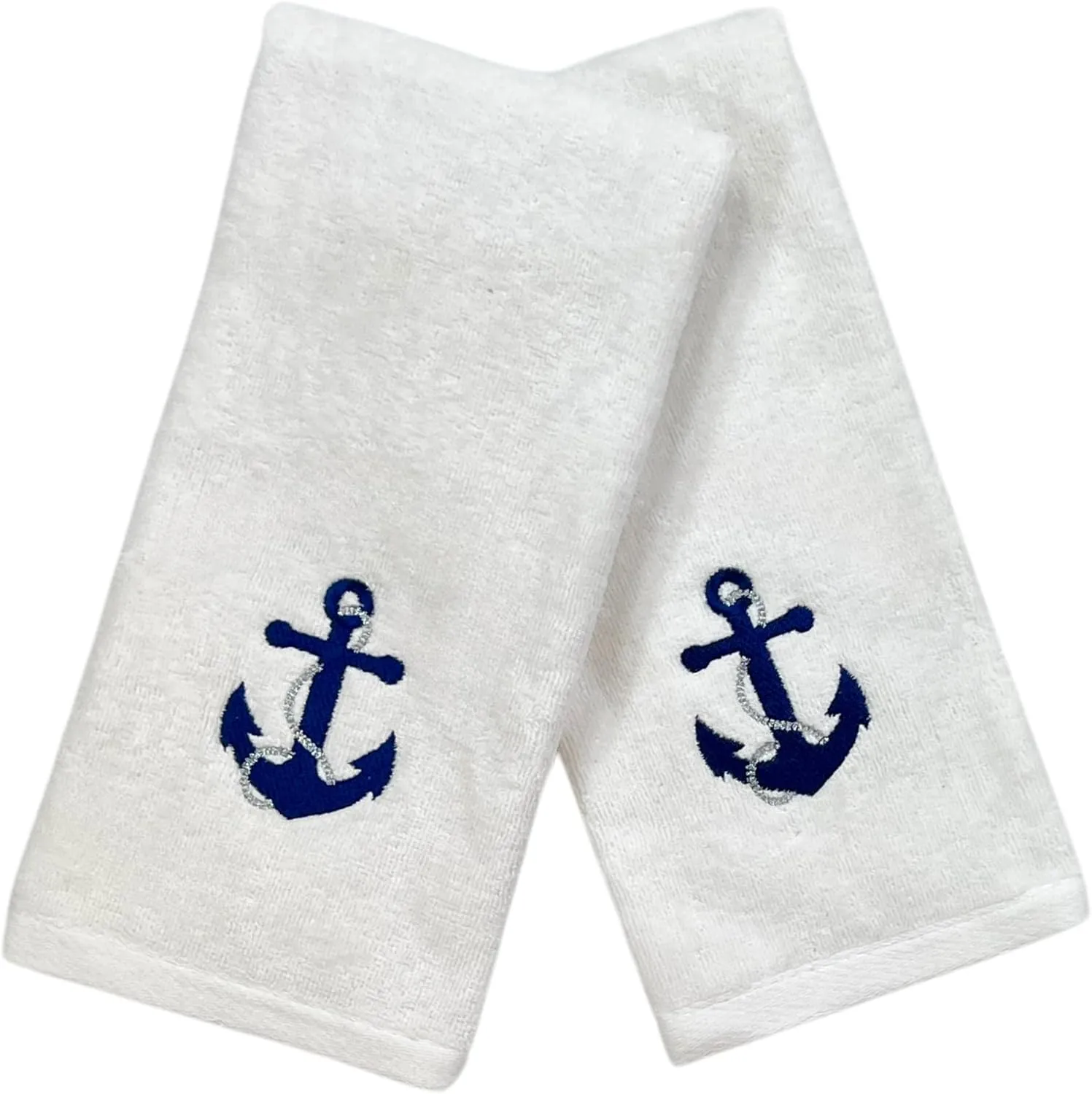 Serafina Home Summer Soft Absorbent Anchor Guest Hand Towels: Nautical Blue Anchor with Gray Rope Coastal Design, 2 Piece (Single Anchor)