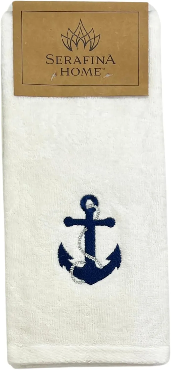 Serafina Home Summer Soft Absorbent Anchor Guest Hand Towels: Nautical Blue Anchor with Gray Rope Coastal Design, 2 Piece (Single Anchor)