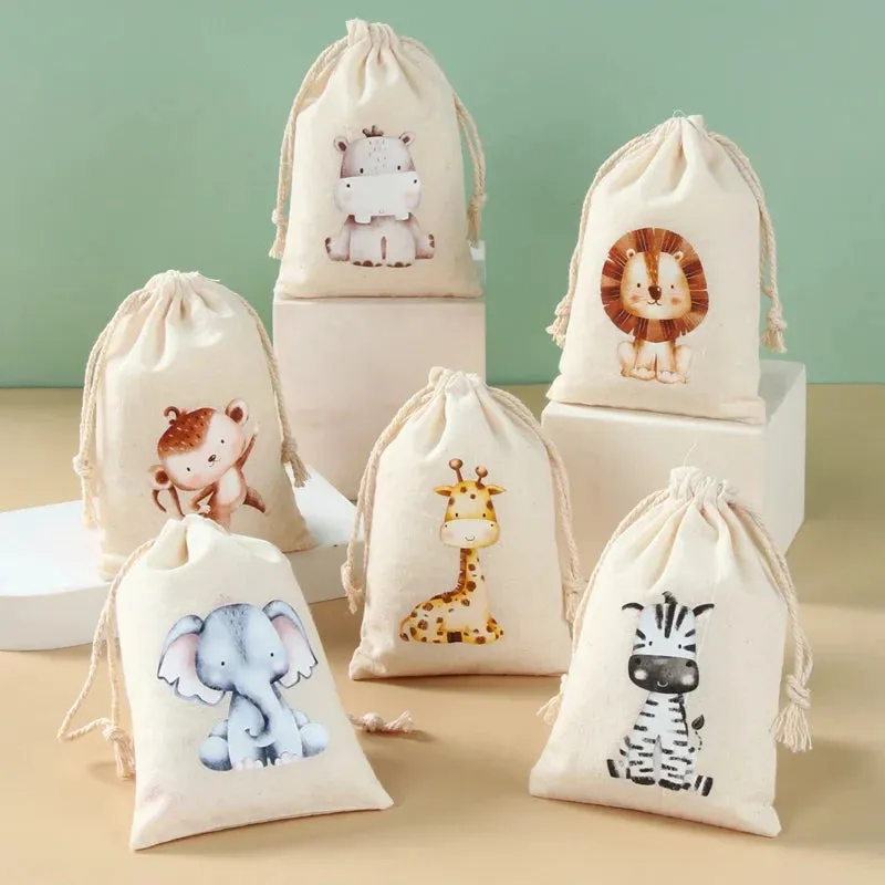 Set of 6 cotton canvas bags with multi-variant animals