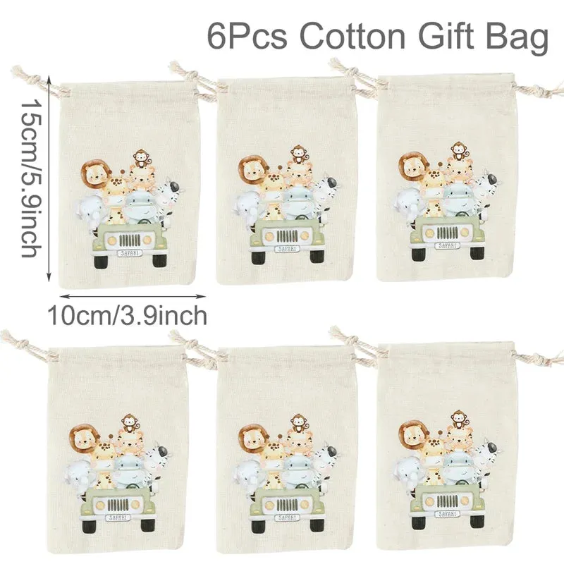 Set of 6 cotton canvas bags with multi-variant animals