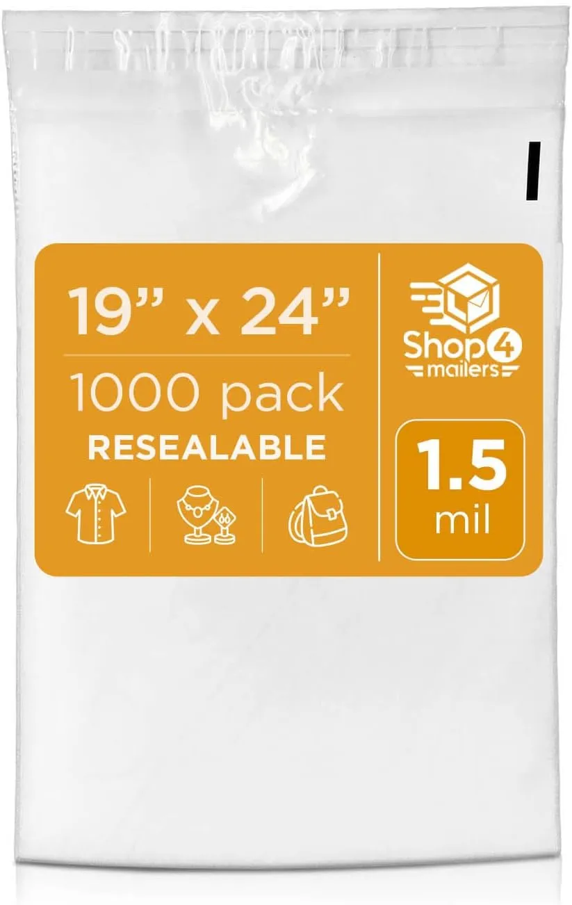 Shop4Mailers 19 x 24 Clear Plastic Poly Bags 1.5 Mil Self Seal Packaging for Apparel, Jewelry, Documents, Prints, Gifts, Storage – Resealable (1000 Pack)