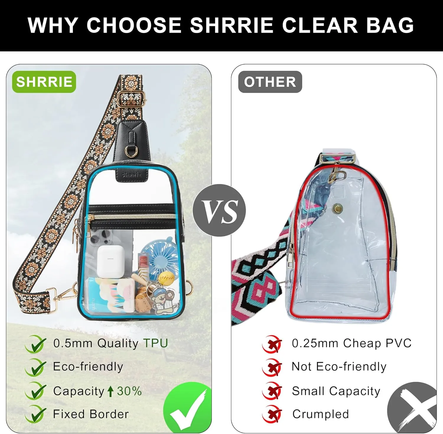 Shrrie Clear Bag for Stadium Events Transparent Crossbody Bag Clear Purse for Women&Men-Stadium Approved, Concerts&Sports
