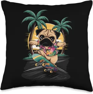 Skateboarding Dog Pug Puppy Beach Sunset Skater Graphic Tees Throw Pillow