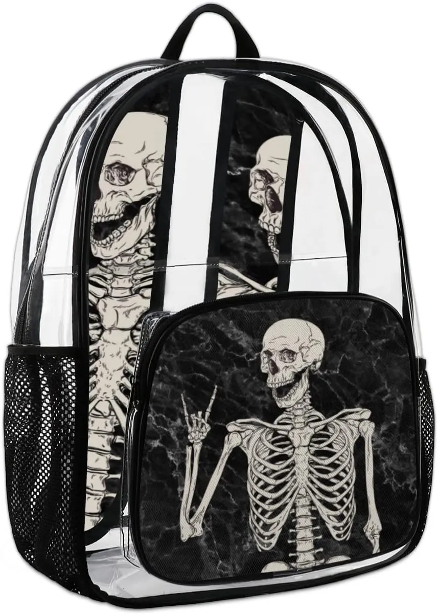 Skull Marble Pattern Clear Backpack Stadium Approved Heavy Duty PVC Transparent Backpacks Large See Through Bag for Work Travel Sports Events Concerts