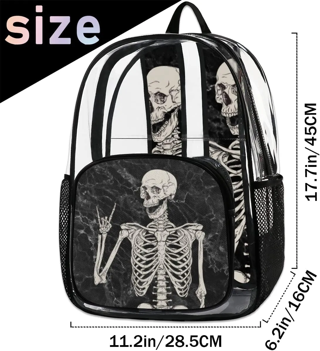Skull Marble Pattern Clear Backpack Stadium Approved Heavy Duty PVC Transparent Backpacks Large See Through Bag for Work Travel Sports Events Concerts