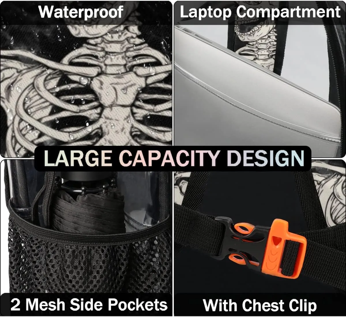 Skull Marble Pattern Clear Backpack Stadium Approved Heavy Duty PVC Transparent Backpacks Large See Through Bag for Work Travel Sports Events Concerts