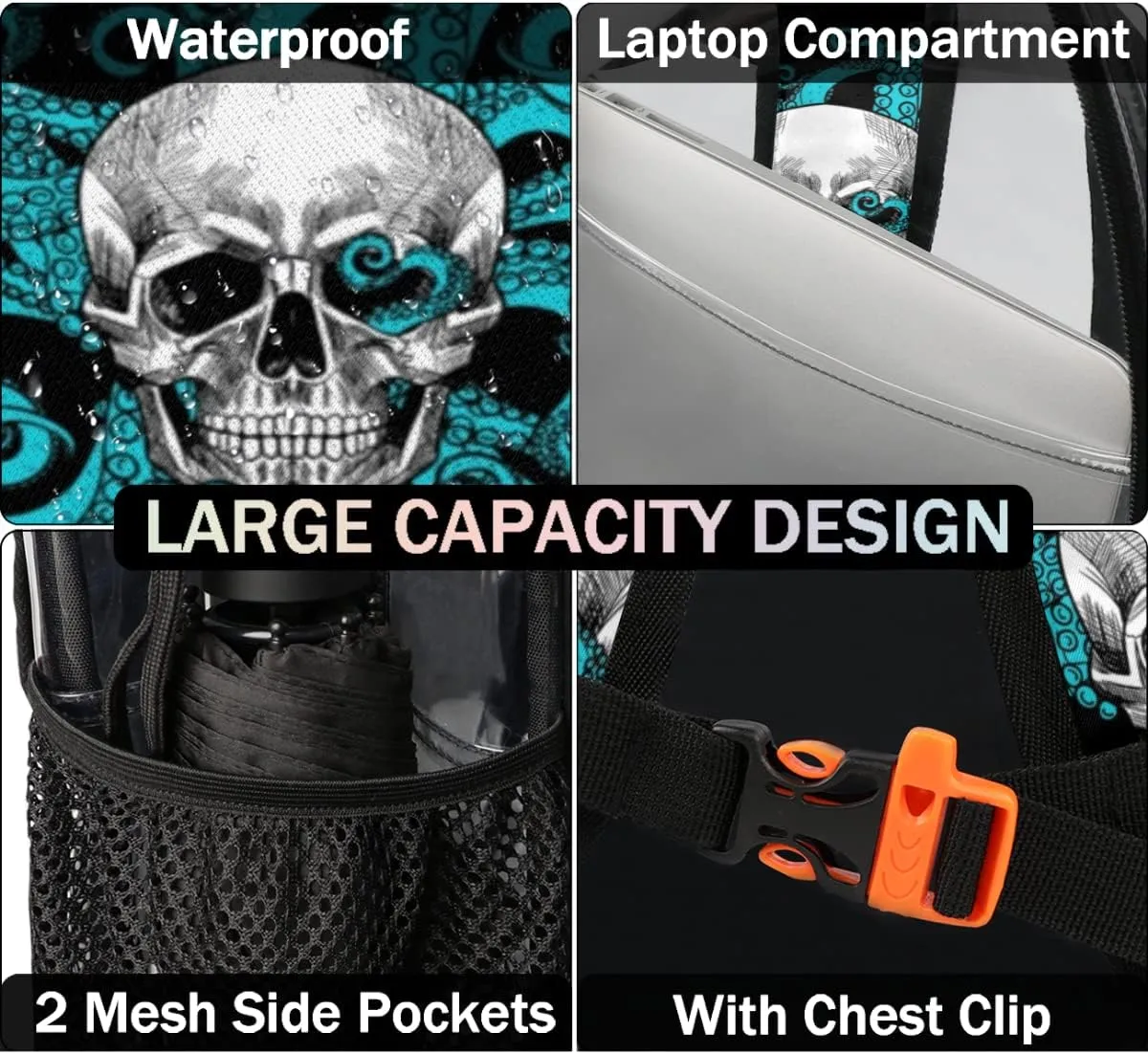 Skull Octopus Clear Backpack Stadium Approved Heavy Duty PVC Transparent Backpacks Large See Through Bag for Work Travel Sports Events Concerts