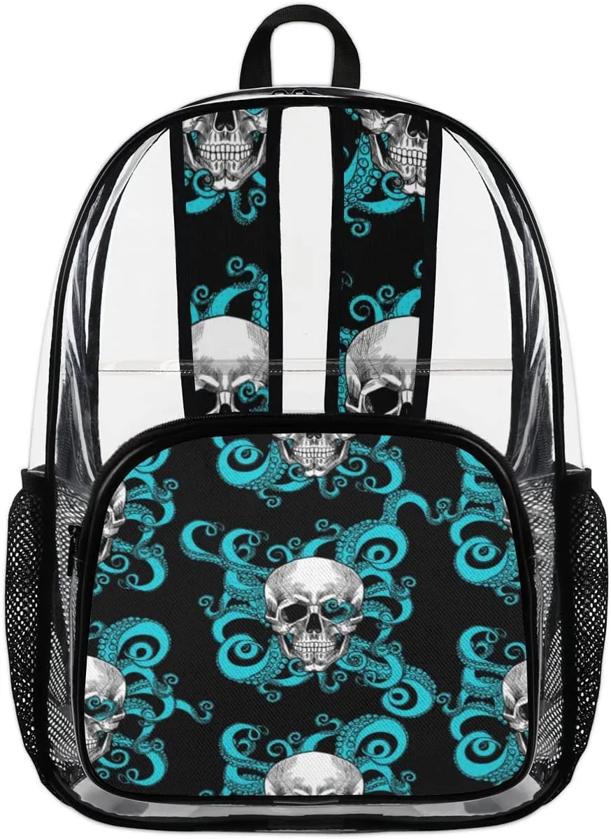 Skull Octopus Clear Backpack Stadium Approved Heavy Duty PVC Transparent Backpacks Large See Through Bag for Work Travel Sports Events Concerts