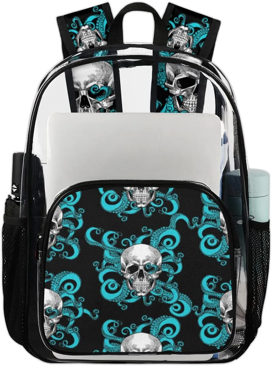 Skull Octopus Clear Backpack Stadium Approved Heavy Duty PVC Transparent Backpacks Large See Through Bag for Work Travel Sports Events Concerts