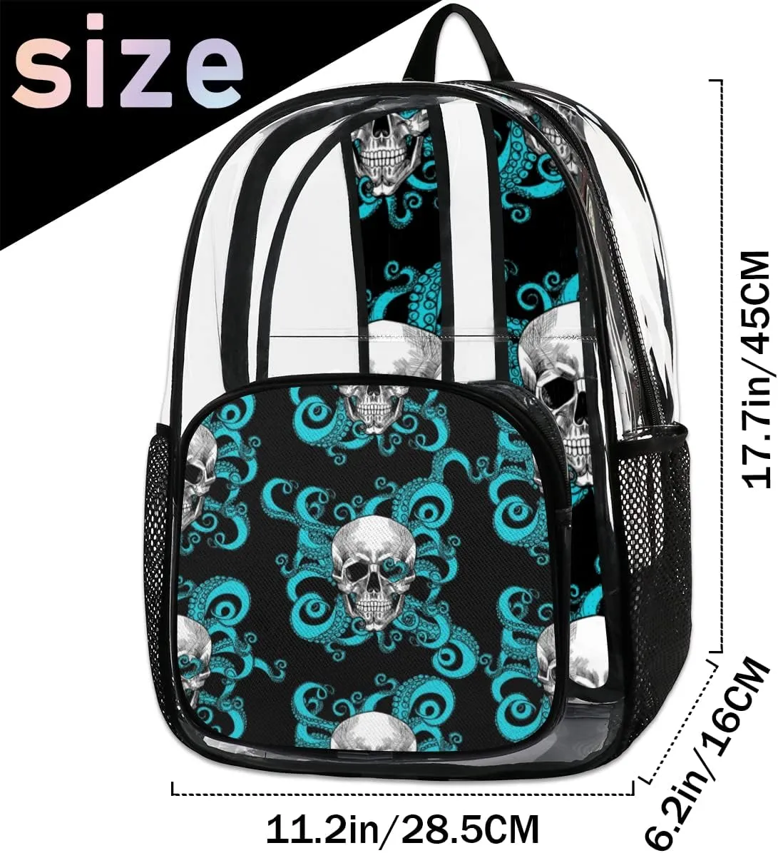 Skull Octopus Clear Backpack Stadium Approved Heavy Duty PVC Transparent Backpacks Large See Through Bag for Work Travel Sports Events Concerts