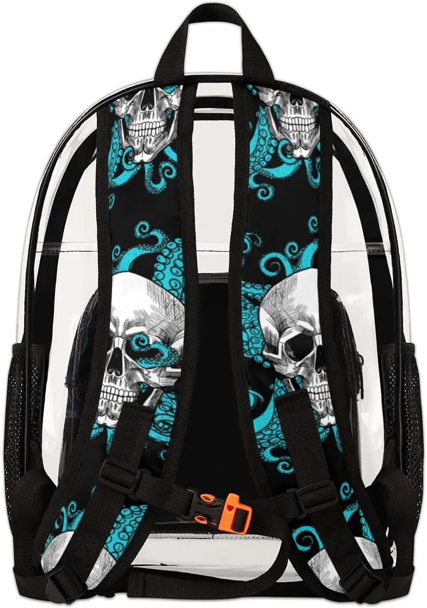 Skull Octopus Clear Backpack Stadium Approved Heavy Duty PVC Transparent Backpacks Large See Through Bag for Work Travel Sports Events Concerts