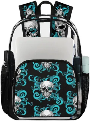 Skull Octopus Clear Backpack Stadium Approved Heavy Duty PVC Transparent Backpacks Large See Through Bag for Work Travel Sports Events Concerts
