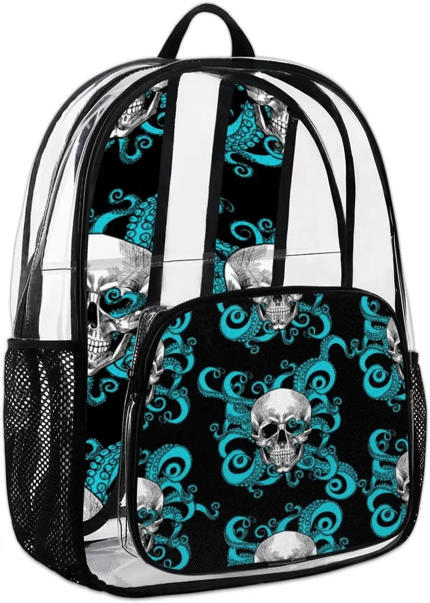 Skull Octopus Clear Backpack Stadium Approved Heavy Duty PVC Transparent Backpacks Large See Through Bag for Work Travel Sports Events Concerts