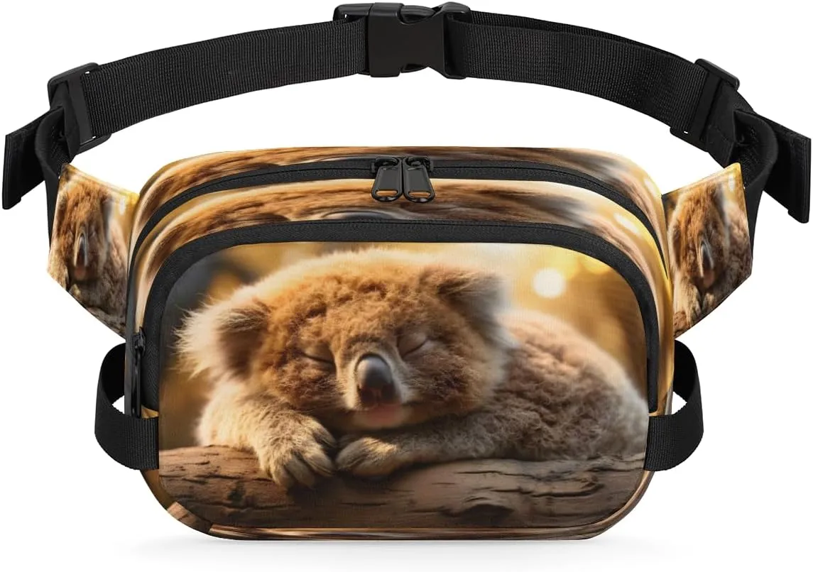 Sleeping Koala Waterproof Fanny Pack for Women Men Adjustable Waist Bag with Double Zipper Pockets Lightweight Square Hip Pack for Running Travel Hiking Workout Cycling