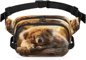 Sleeping Koala Waterproof Fanny Pack for Women Men Adjustable Waist Bag with Double Zipper Pockets Lightweight Square Hip Pack for Running Travel Hiking Workout Cycling