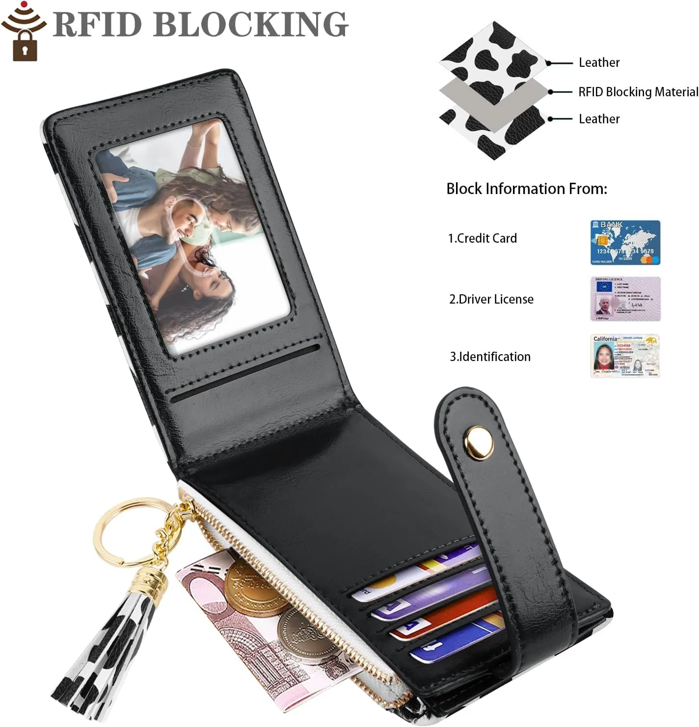 Slim Card Holder Wallet for Women RFID Blocking Leather Multi Card Bifold Wallet with Tassel Zipper Coin Pocket,Cow