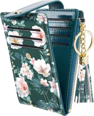 Slim Card Holder Wallet for Women RFID Blocking Leather Multi Card Bifold Wallet with Tassel Zipper Coin Pocket,Dark Green Flower
