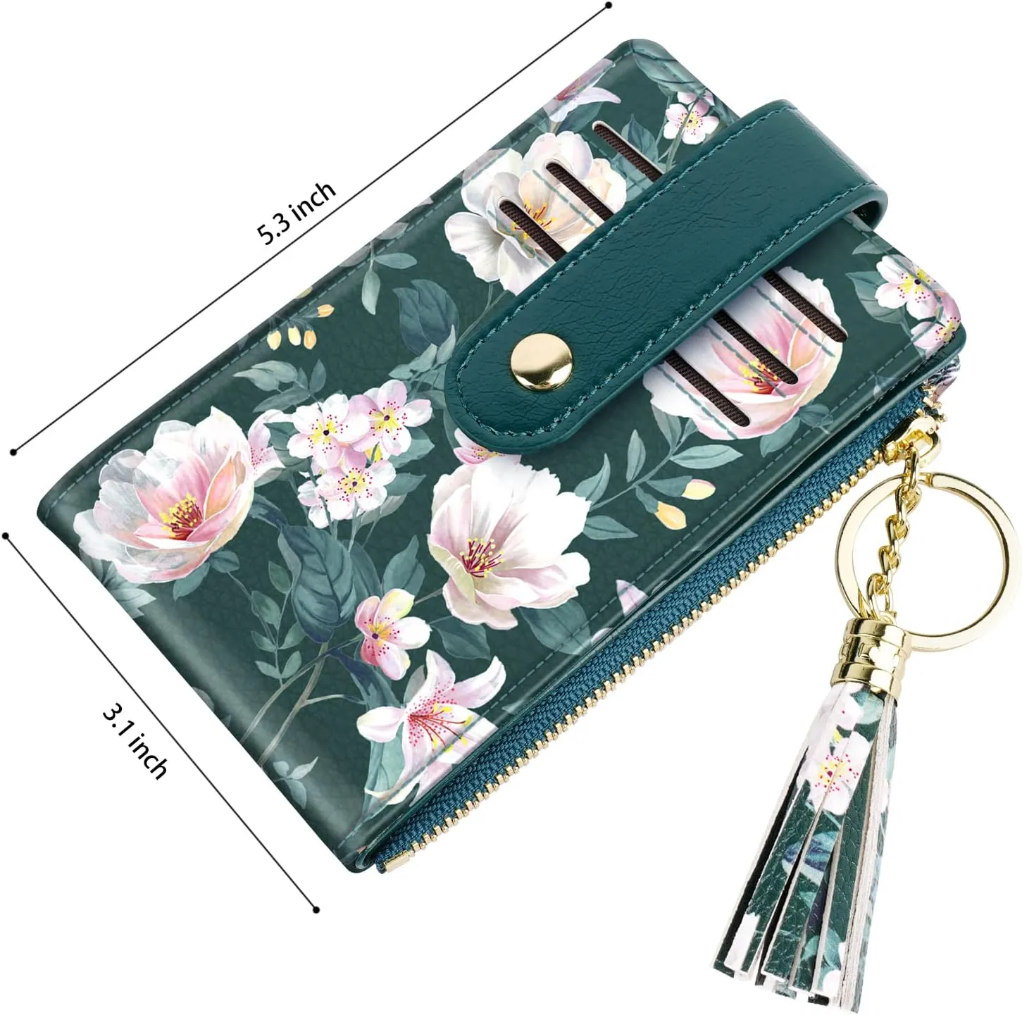 Slim Card Holder Wallet for Women RFID Blocking Leather Multi Card Bifold Wallet with Tassel Zipper Coin Pocket,Dark Green Flower