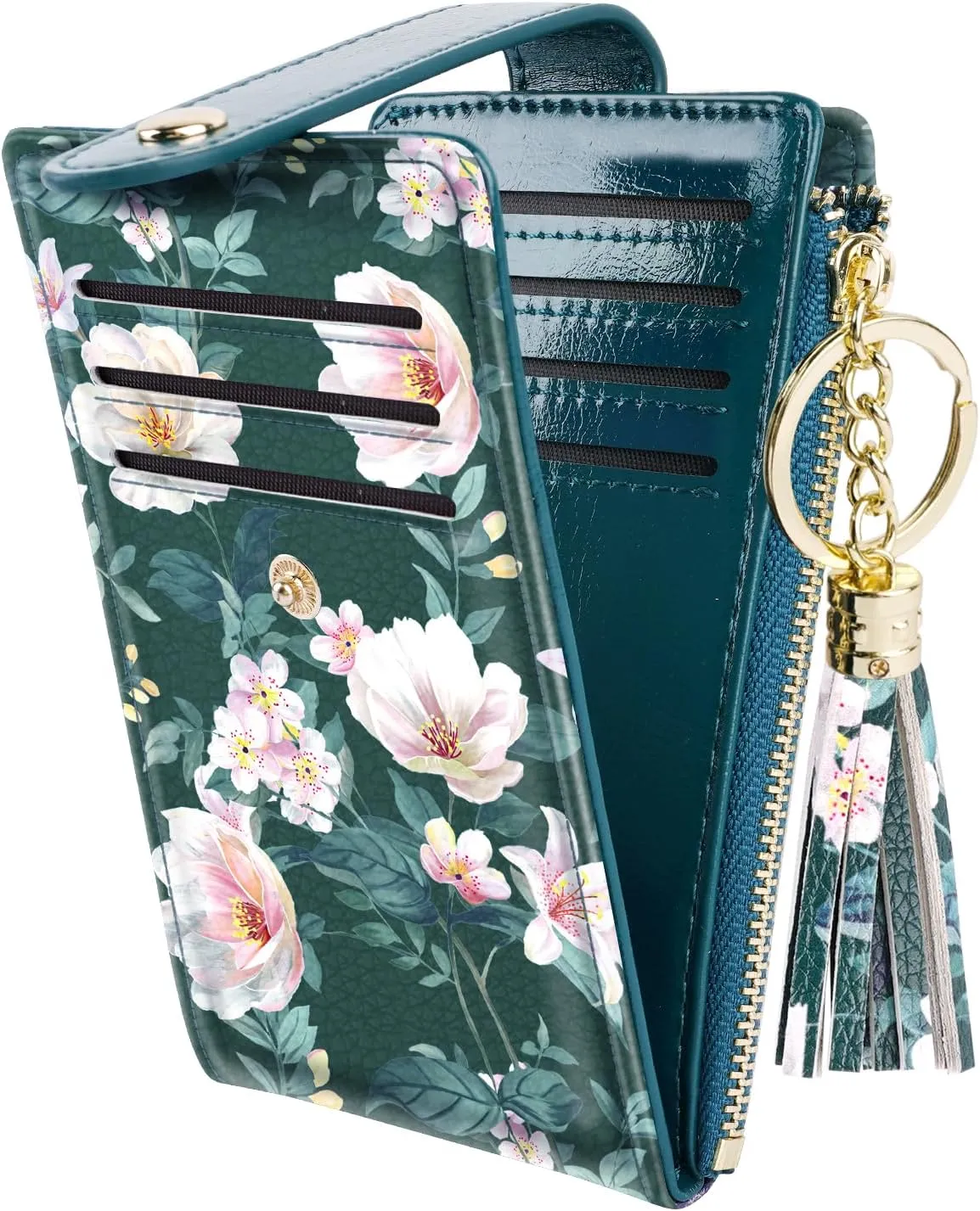 Slim Card Holder Wallet for Women RFID Blocking Leather Multi Card Bifold Wallet with Tassel Zipper Coin Pocket,Dark Green Flower