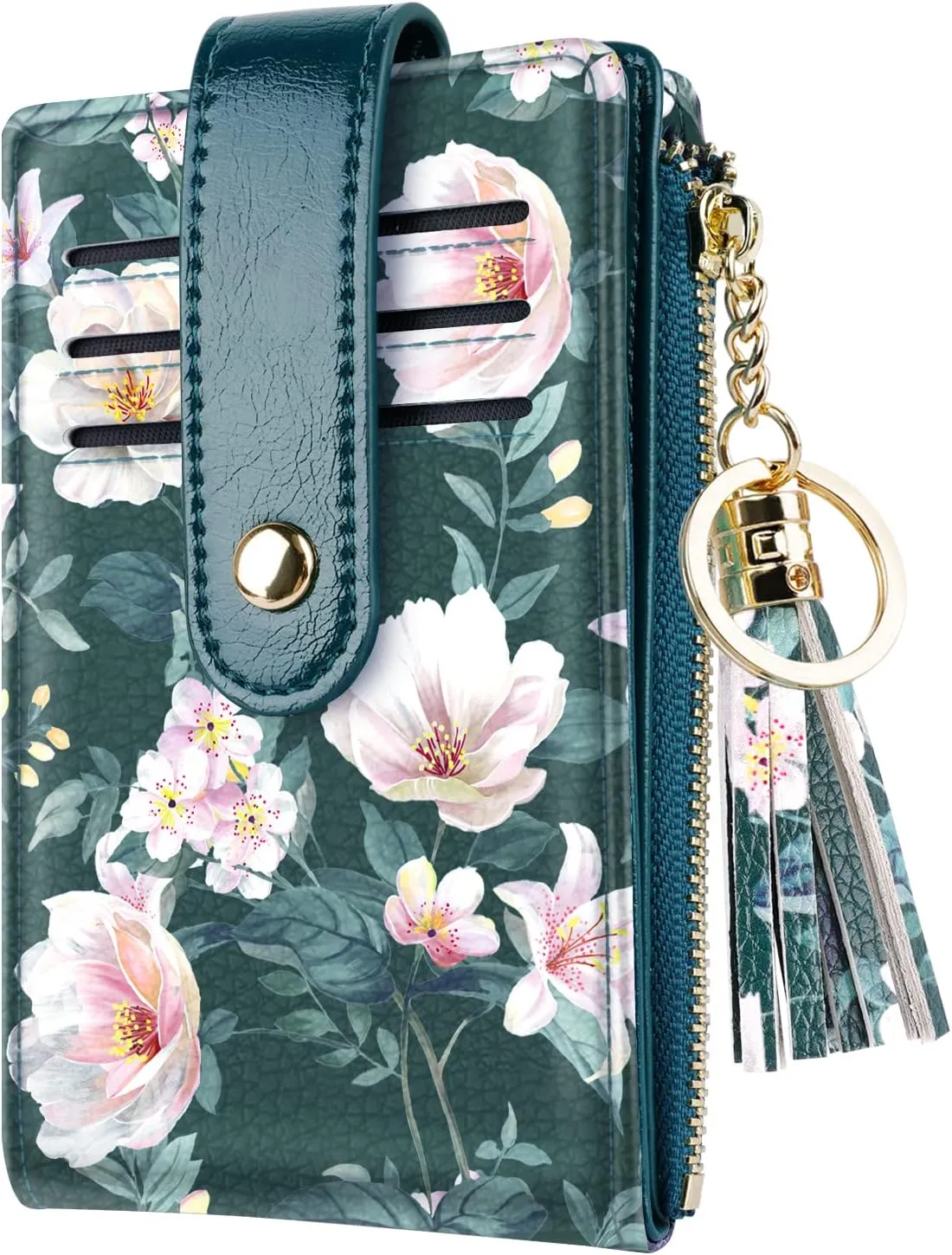 Slim Card Holder Wallet for Women RFID Blocking Leather Multi Card Bifold Wallet with Tassel Zipper Coin Pocket,Dark Green Flower