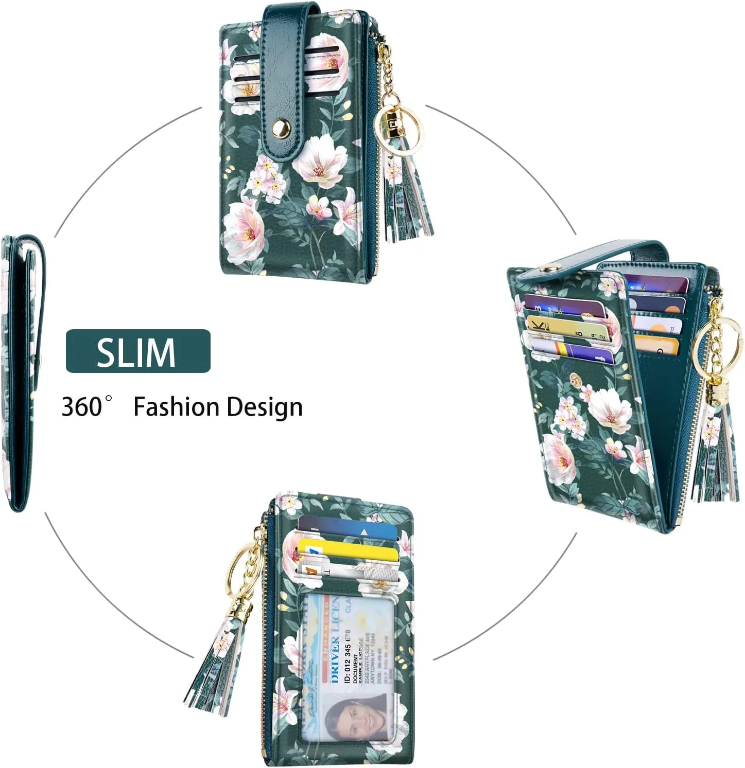 Slim Card Holder Wallet for Women RFID Blocking Leather Multi Card Bifold Wallet with Tassel Zipper Coin Pocket,Dark Green Flower