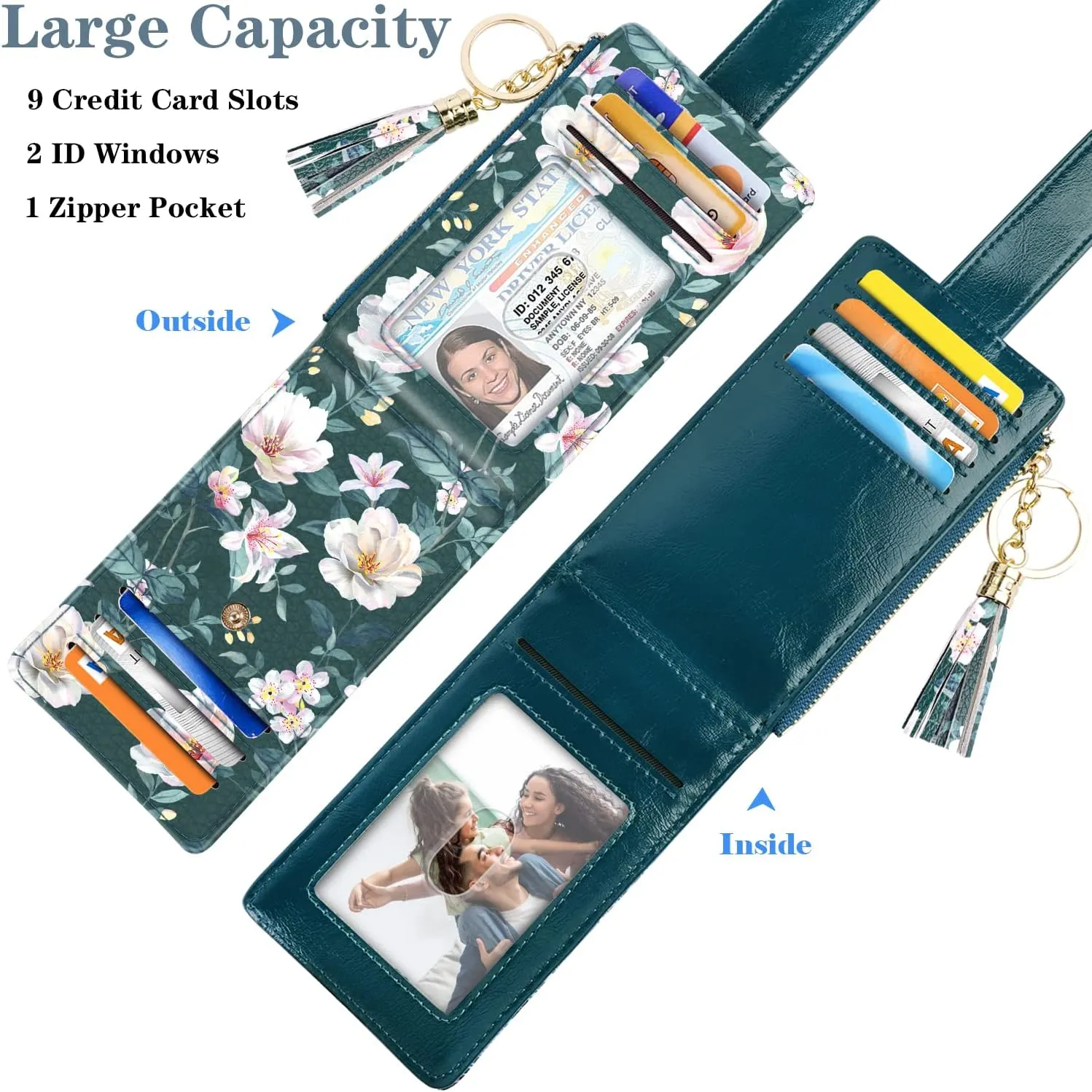 Slim Card Holder Wallet for Women RFID Blocking Leather Multi Card Bifold Wallet with Tassel Zipper Coin Pocket,Dark Green Flower