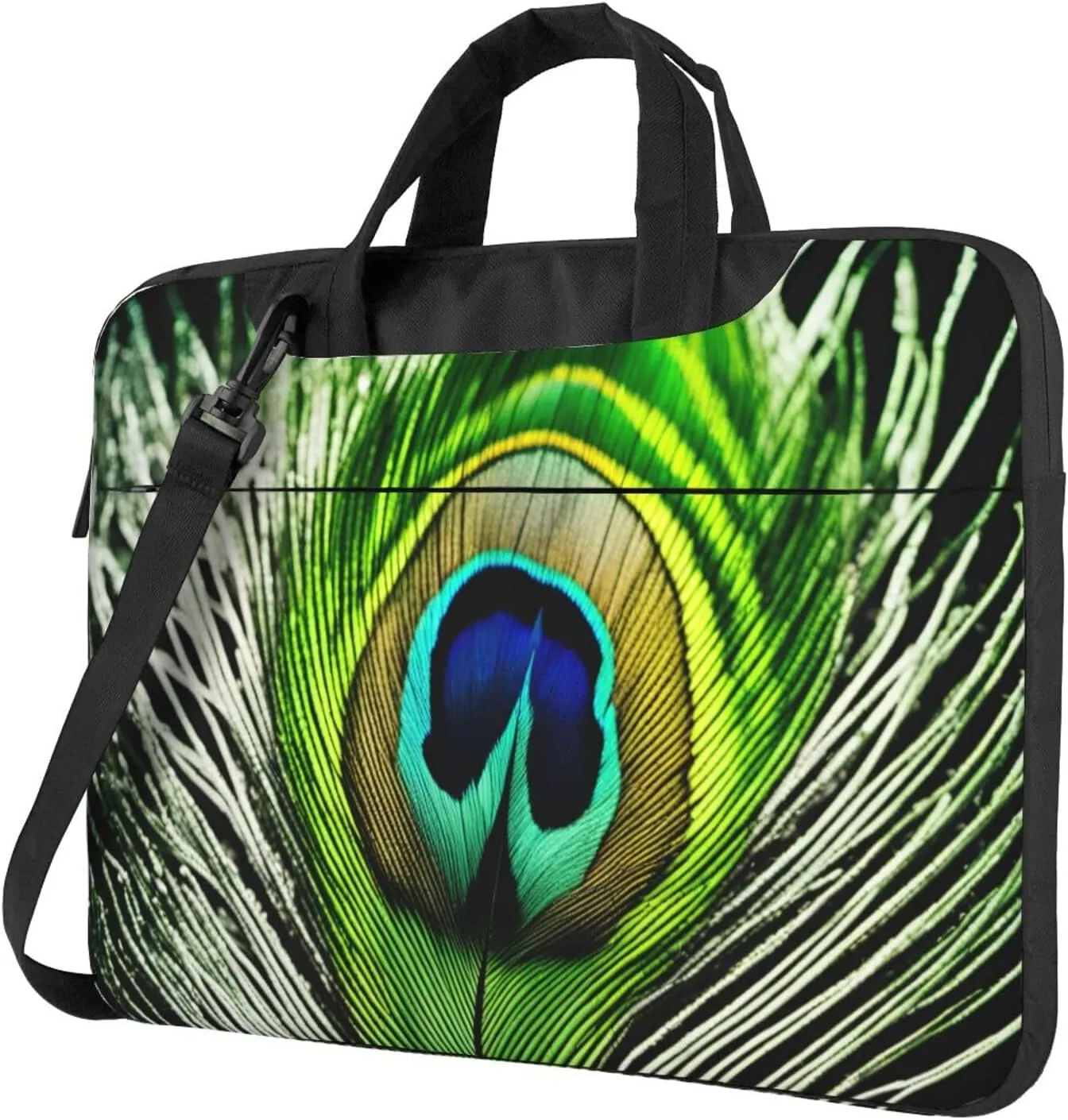 Slim Laptop Shoulder Bag Briefcase Notebook Handbag Computer Carrying Case Green Peacock Feather Print 15.6in